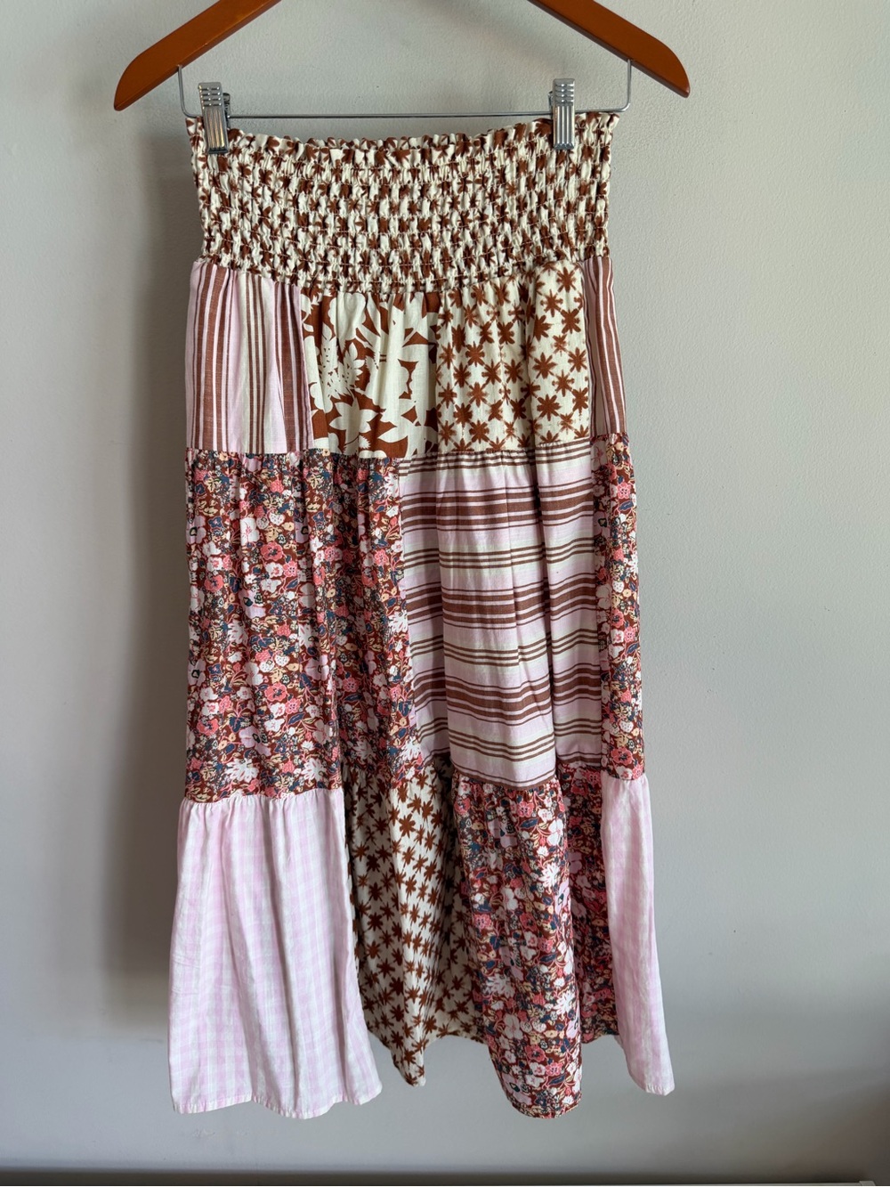 Universal Thread Patchwork Smocked Midi Skirt Brown Pink Floral Tiered Small